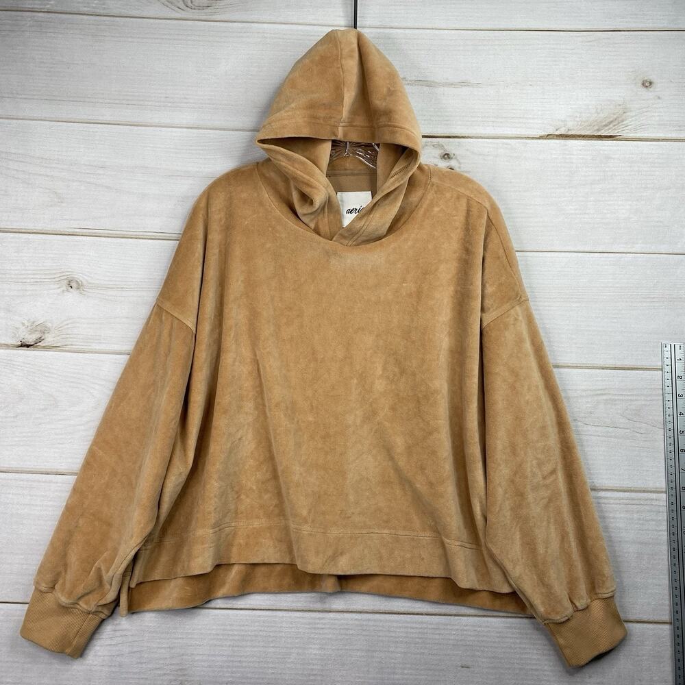 Aerie Hoodie Sz M Brown Tan Velour Velvet Pullover Oversized Y2K Soft Cozy